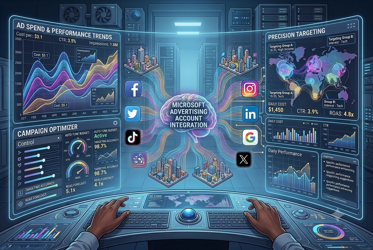 Microsoft Advertising account integration dashboard showing ad performance, campaign optimization, precision targeting, and social media advertising analytics.