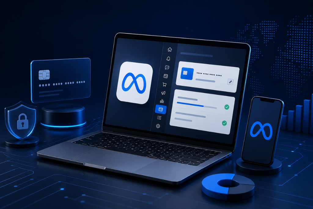 Meta Business Suite payment method update on laptop and mobile device for managing business payments and billing