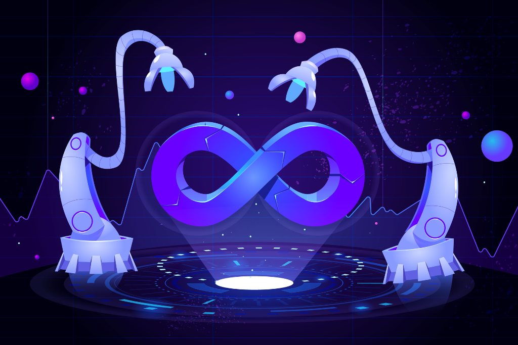 Automation concept with robotic arms and infinity symbol representing workflow automation in Meta Business Manager