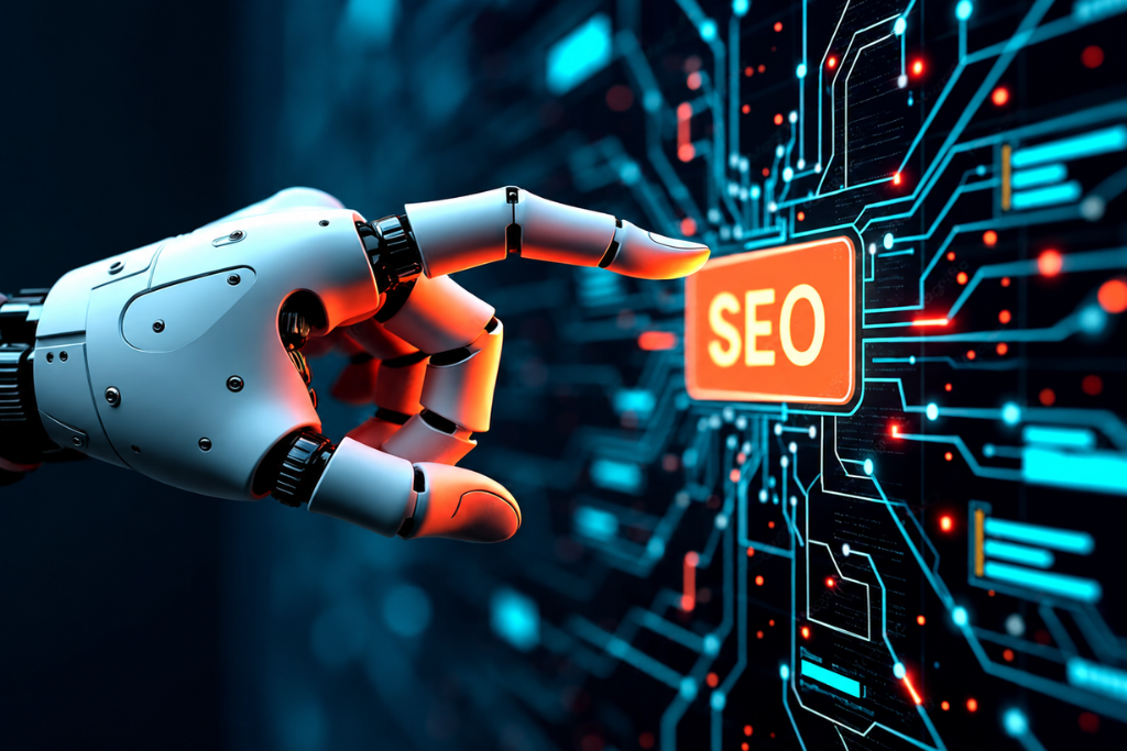 AI robot hand interacting with SEO interface for artificial intelligence and search engine optimization.