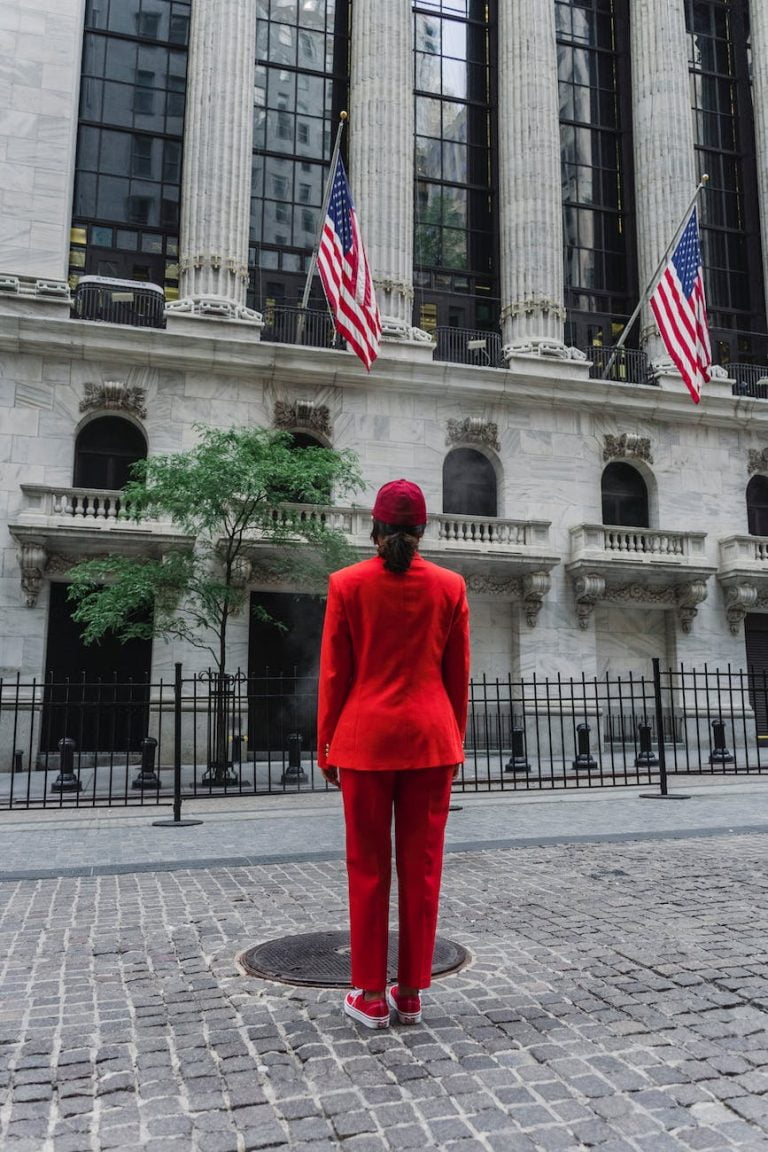 a woman in red suit